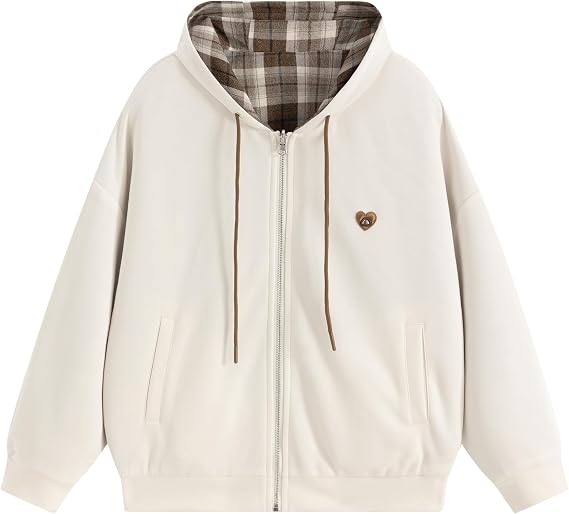 Aelfric Eden Boxy Zip Up Hoodie Y2k Unisex Causal Reversible Jacket | Plus Size Mens Zipper Gingham Sweatshirt, Loose Fit Long Sleeve Tops with Pockets, Fall Winter Fashion Womens Clothes