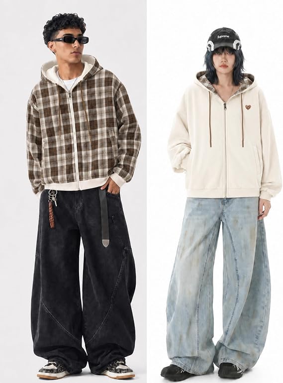 Aelfric Eden Boxy Zip Up Hoodie Y2k Unisex Causal Reversible Jacket | Plus Size Mens Zipper Gingham Sweatshirt, Loose Fit Long Sleeve Tops with Pockets, Fall Winter Fashion Womens Clothes