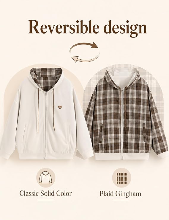 Aelfric Eden Boxy Zip Up Hoodie Y2k Unisex Causal Reversible Jacket | Plus Size Mens Zipper Gingham Sweatshirt, Loose Fit Long Sleeve Tops with Pockets, Fall Winter Fashion Womens Clothes
